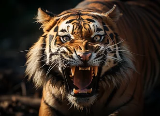 Zelfklevend Fotobehang portrait of tiger face roaring close up.  © artpritsadee