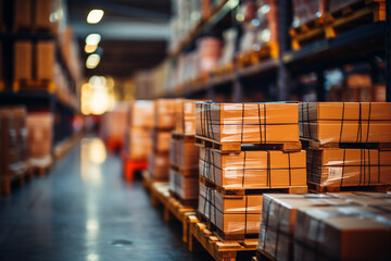 Retail warehouse full of shelves with goods in cartons, with pallets and forklifts. Logistics and transportation blurred background. Product distribution center. 