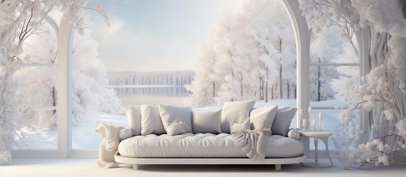 Scandinavian illustration of chic white room with sofa and winter scenery in window