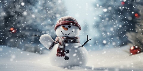 christmas snowy winter snowman snowflakes falling background cinematic - obrazy, fototapety, plakaty