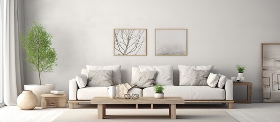 Fototapeta na wymiar Scandinavian style living room with white sofa depicted in