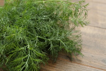 Fresh green dill on wooden table, closeup. Space for text