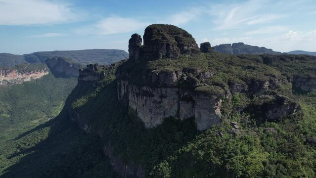 aerial view Morro do Castelo, Chapada Diamantina, Bahia, Brazil. Valley with cerrado and caatinga biome, sunny day, abundant nature, hills, valley and canyons