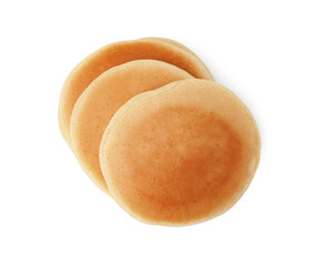 Delicious pancakes isolated on white, top view