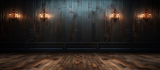 Scene in a dark room with wooden floor and walls - obrazy, fototapety, plakaty
