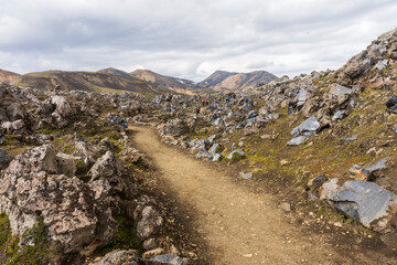 Fototapeta na wymiar Footpath, Hiking to the summit of Mt. Brennisteinsalda in Landmannalaugar, a location in Iceland's Fjallabak Nature Reserve in the Highlands. 