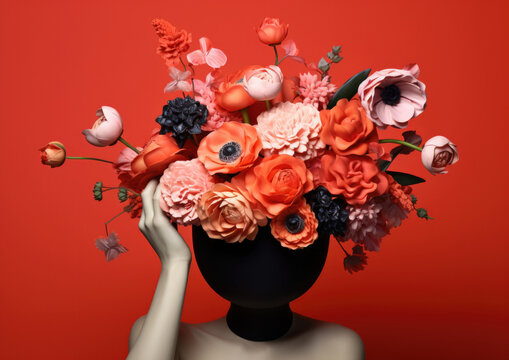 Woman's face covered by a vase of bright red and pink flowers — Collage style editorial magazine photography — Strong fashion statement