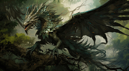 Fototapeta premium an incredible dragon walking through forest with glowing flames, dark gold and light cyan.