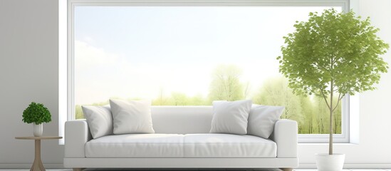 Scandinavian interior design in a illustration of a white room with a sofa and a window revealing a green landscape