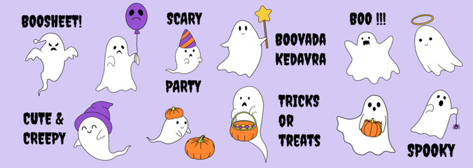 Vector Cute and Spooky Cartoon Ghost Set, Retro Happy Funny Ghosts with Halloween Quotes, Halloween Ghost Illustrations