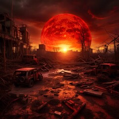 post apocalyptic world, with oversized burning red sun over old city in decay