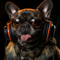 french bulldog wearing sunglasses and red headset
