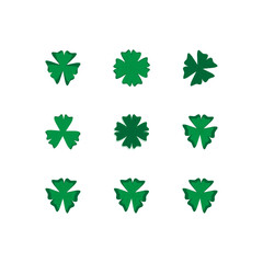 Set of clover icon with three and four petals Green shamrock plant isolated on white background Saint Patrick day Floral decoration elements Good luck charm Vector collection