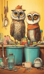 two owls sitting in a messy house, cartoon style