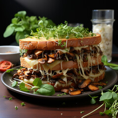 mushroom, cheese and herbs massive sandwich on a black table