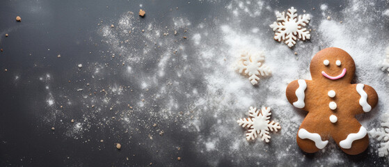 Christmas homemade gingerbread cookies and christmas decorations on black background.