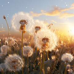 Bug view perspective of a field of Taraxacum officinale, the common dandelion in the wind at sunset - obrazy, fototapety, plakaty