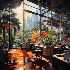 modern office or creative space with high ceilings, large windows magnificent city views and modern art works 