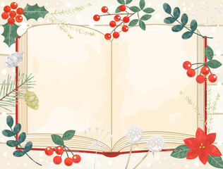 雪と植物と本を組み合わせた冬の読書をイメージしたイラスト