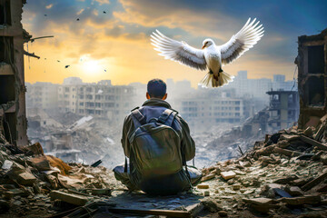 Soldier with a white flying dove of peace.