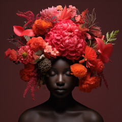 Black womans face covered by a bouquet of flowers — Collage style editorial illustration
