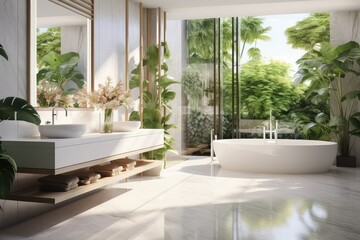 Stylish interior of modern luxury white bathroom, Decorated with wooden sink counter sunlight shine into the room.