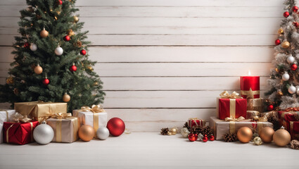 Christmas over white wooden background. Backdrop with copy space