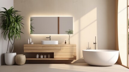 Fototapeta na wymiar Stylish interior of modern luxury white bathroom, Decorated with wooden sink counter sunlight shine into the room.