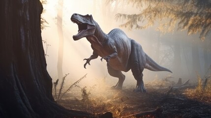 Obraz na płótnie Canvas A huge dinosaur like a T-Rex roaring in the ancient forest. Generative AI. 