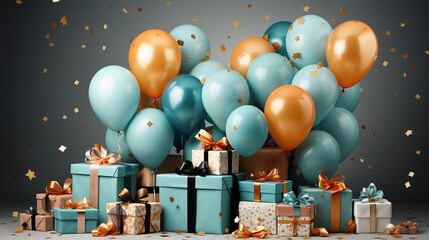 Geschenkboxen mit Luftballons und Konfetti auf grauem Hintergrund. Gift boxes with balloons and confetti on grey background. 