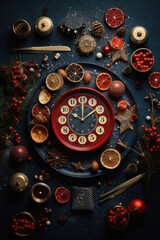 Christmas background with alarm clock and christmas decor. christmas decorations, christmas tree, pine cones, red berries and xmas decorations on black concrete table.