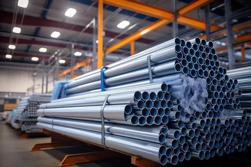Deurstickers High quality steel pipe or aluminum in stack waiting for shipment in warehouse, Steel industry. © Oulaphone