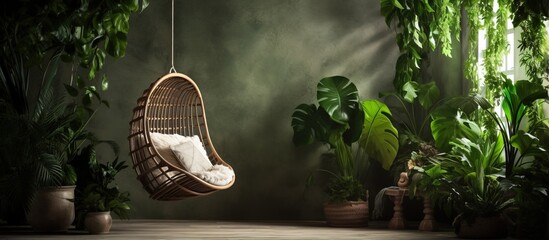 Room interior with swing chair and lush green tropical plants