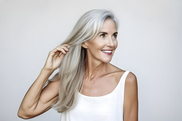 Fototapeta premium Beautiful elderly woman with long grey hair. Beauty, fashion and old people concept.