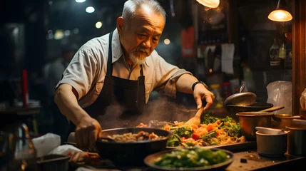 Foto op Plexiglas Asian male chef cooking food in a small restaurant in downtown area. © ZayWin