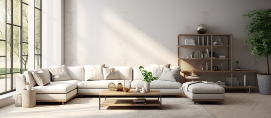 Scandinavian interior design in a white living room featuring a sofa depicted in