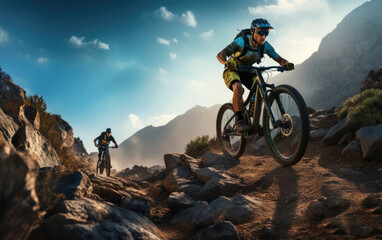 Cyclists riding a mountain electric bicycle steep uphill in harsh rocky terrain at a partly cloudy sunny sky - obrazy, fototapety, plakaty