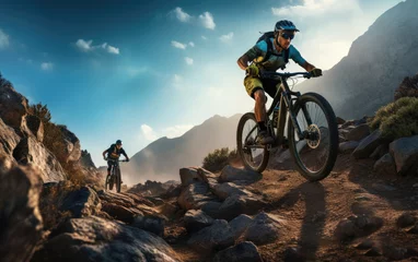 Poster Cyclists riding a mountain electric bicycle steep uphill in harsh rocky terrain at a partly cloudy sunny sky © piai