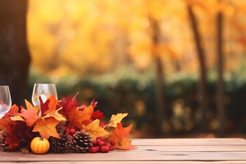 Naklejka na ściany i meble Autumn Table Setting With Red And Yellow Leaves Against Forest Background - Created with Generative AI Tools