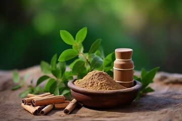Chandan or Sandalwood Powder with Sticks, Traditional Mortar, Perfume or Oil in Miniature Bottle, and Green Leaves - Selective Focus - Created with Generative AI Tools