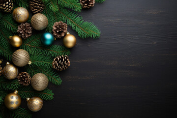 Fototapeta na wymiar Christmas Background with Fir Tree and Decor - Top View, Copy Space - Created with Generative AI Tools