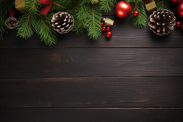 Fototapeta na wymiar Christmas Background with Fir Tree and Decor - Top View, Copy Space - Created with Generative AI Tools