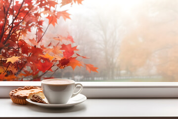 Naklejka na ściany i meble Fresh pumpkin pie and a cup of coffee near window at autumn season