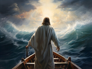 Jesus Christ on the boat calms the storm at sea. © ZayWin