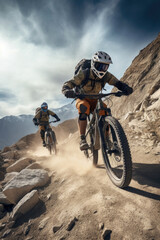 Fototapeta na wymiar Cyclists riding a mountain electric bicycle steep uphill in harsh rocky terrain at a partly cloudy sunny sky