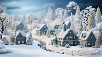 Cute Christmas composition with snowfall on small miniature toy Christmas village. New Year greetings card template. 