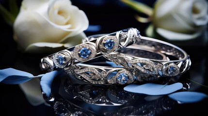 Close-up of elegant gemstone ring jewelry. Commercial photo of engagement ring, advertising banner of jewelry store. 