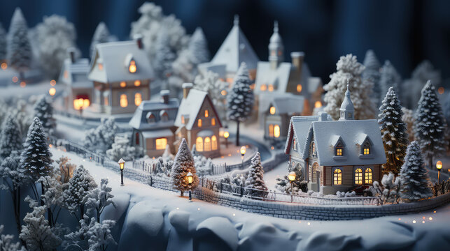 Cute Christmas composition with snowfall on small miniature toy Christmas village. New Year greetings card template. 