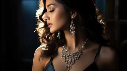 Portrait of a young beautiful woman wearing elegant silver jewelry - earrings and necklace. Luxury jewelry set on model.  - obrazy, fototapety, plakaty