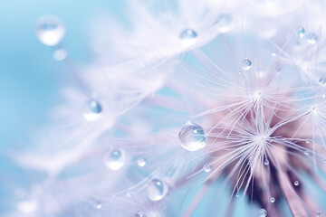 Macro Shot of Dew Drops on a Dandelion Seed - Beautiful Soft Light Blue and Violet Background - Created with Generative AI Tools